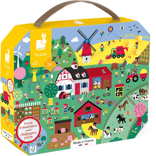 Janod puzzle - puzzle d'observation ferme en valisette - 24 pièces - jouet éducatif