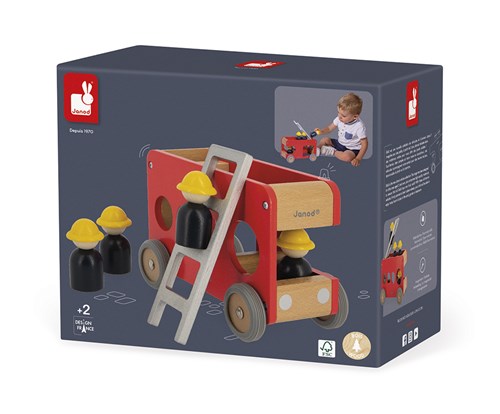 Janod Bolid - Camion de pompiers en bois avec échelle et pompiers-3