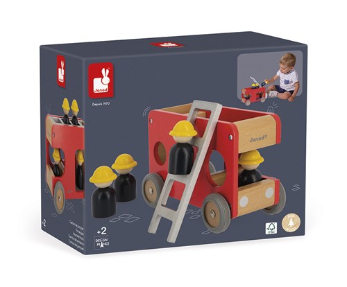 Janod Bolid - Camion de pompiers en bois avec échelle et pompiers-2