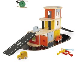 Janod garage en bois Bolid - parking avec voitures et hélicoptère