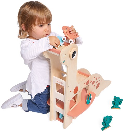 Janod garage dinosaure en bois - jouet pour fans de dinosaures - bois FSC-3