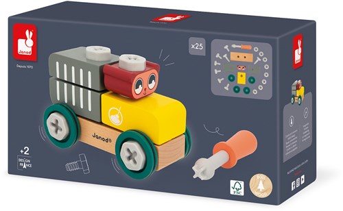 Janod Brico'Kids - Chariot de construction en bois avec ours et blocs - Jouet éducatif