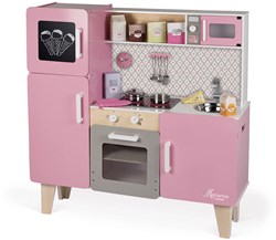 Janod Holzküche Küche Macaron Maxi mit Funktionen (Inkl. 15 Teile Zubehör)
