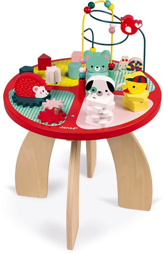 Janod Spieltisch Baby Forest aus Holz - Stapeln, Sortieren und Geschicklichkeit - Baby Spielzeug mit Labyrinth, Zahnradsystem, Abakus und 3 Holztieren - Holzspielzeug ab 1 Jahr, J08018
