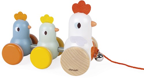 Janod - Henne mit Küken zum Ziehen aus Holz - Nachziehspielzeug - frühes Lernen für Kleinkinder - leise Rollen - fördert Motorik und Fantasie - FSC-zertifiziert - ab 18 Monaten, J08259
