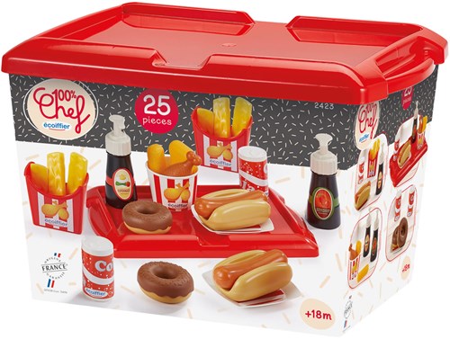 Ecoiffier Spielzeug Hot Dog Set - 25-teiliges Fastfood Spielmenü