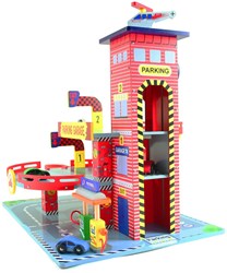 Mentari Holzgarage rot - Spielzeug Parkhaus mit Aufzug