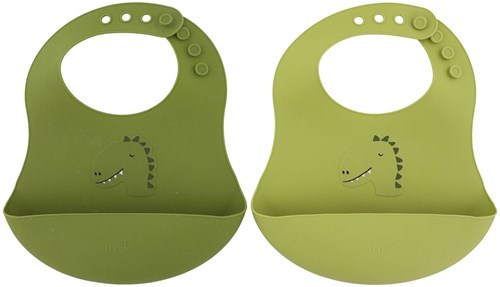 Trixie Silikon-Lätzchen 2er-Pack - Lätzchen mit Auffangtasche - Mr. Dino - grün