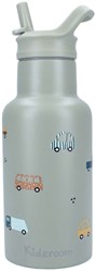 Trinkflasche Kinder Edelstahl Fahrzeuge 350ml - grüne Schulflasche mit Strohhalm