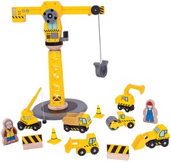 BigJigs Holzkran Baufahrzeuge - 13-teiliges Spielset