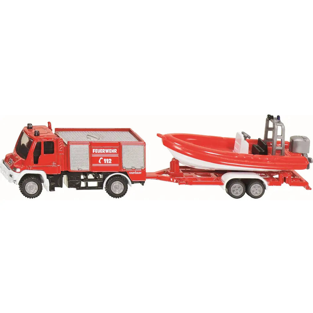 Siku camion de pompier Unimog jouet avec bateau - échelle 1:87
