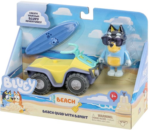 Moose Toys Bluey quad de plage figurine avec Bandit et planche de surf