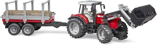 Bruder 02046 - Massey Ferguson 7480 mit Frontlader, Holztransportanhänger und 3 Baumstämmen-2