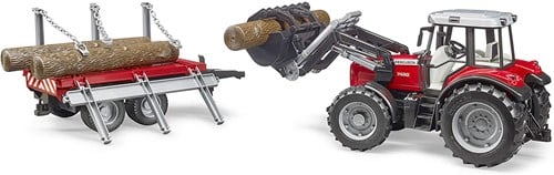 Bruder 02046 - Massey Ferguson 7480 mit Frontlader, Holztransportanhänger und 3 Baumstämmen-3