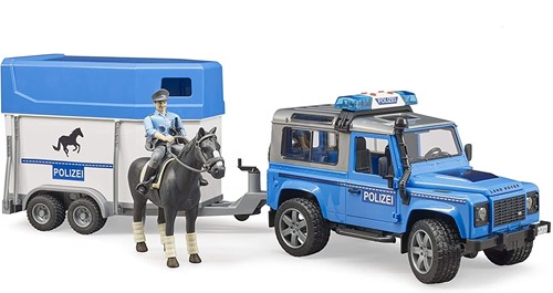 Bruder 02588 - Land Rover Defender Polizeifahrzeug, Pferdeanhänger, 1 Pferd und 1 Polizist