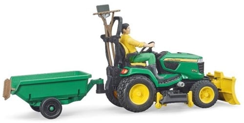 Bruder 62104 - Bworld John Deere Rasentraktor mit Anhänger und Gärtner-2