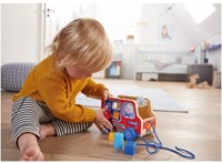 Haba camion de pompiers à tirer jouet en bois avec blocs colorés-2