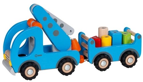 Goki Holz Abschleppwagen Spielzeugfahrzeug mit Anhänger magnetisch