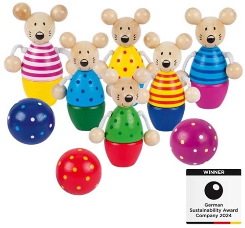 Goki Holz Kegelspiel Mäuse - buntes Bowling-Spiel für Kinder