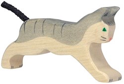 Holztiger Holz Katze Spielfigur laufend grau weiß nachhaltiges Spielzeug
