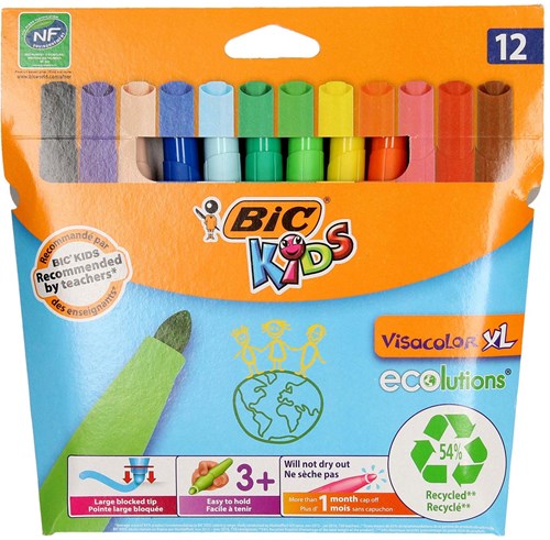 BIC feutres de coloriage Visacolor XL Ecolutions - 12 pièces - adaptés aux enfants