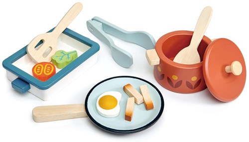 Tender Leaf ensemble de casseroles et poêles en bois pour enfants - jouet de cuisine coloré