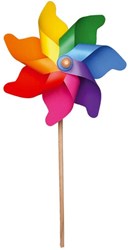 Éolienne en plastique : MOULIN À VENT ARC-EN-CIEL H76xdiam.32cm, avec tige en bois