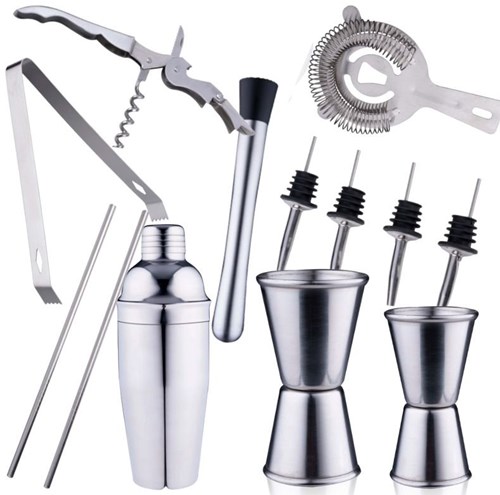 Coffret cocktail ensemble barman complet 14 pièces accessoires inox argenté