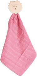 Tikiri doudou lion rose foncé avec anneau de dentition en caoutchouc naturel 25x23cm