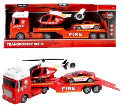 Rapid Wheels Autotransporter brandweer met auto en helikopter met licht en geluid en frictie