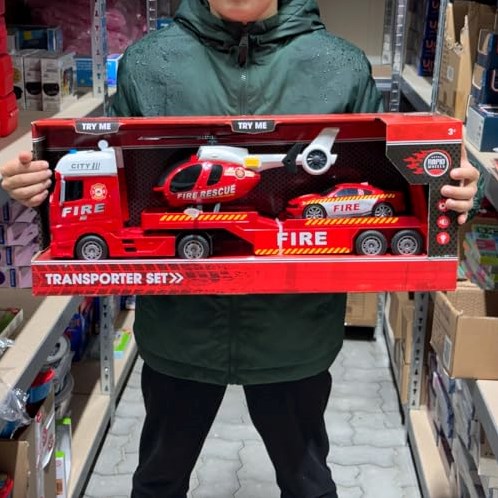 Rapid Wheels Feuerwehr-Autotransporter mit Auto, Hubschrauber, Licht und Sound-3