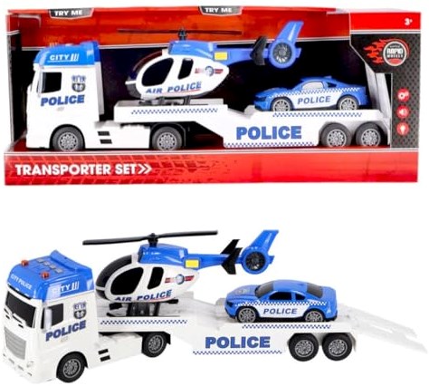 Rapid Wheels Autotransporter Politie met auto en Helicopter met licht en geluid en frictie