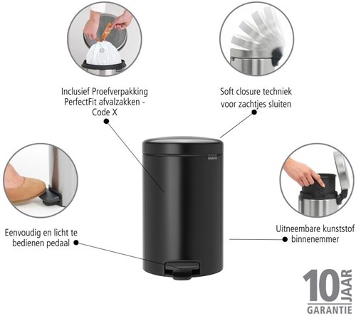 Brabantia Treteimer Abfalleimer 12L matt schwarz - Küchen Mülleimer-3