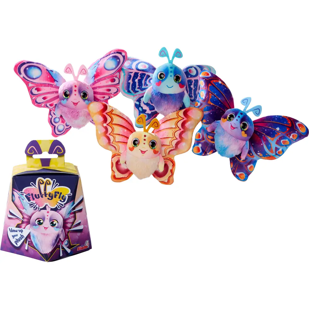 Simba Plüsch Schmetterling - Magischer aufblasbarer Fluffyfly mit Regenbogenaugen - 30cm Spannweite