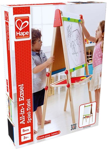 Hape Kinder Spiel-Tafel aus Holz| Preisgekrönte doppelseitige Kindertafel höhenverstellbar mit Papierrolle, Kreidetafel, Whiteboard, Magnete und 3 Malschüsselchen