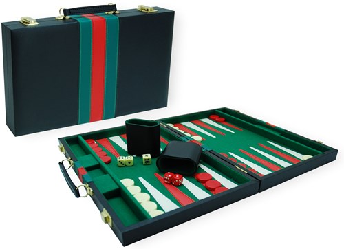 HOT Games Backgammonkoffer 38 cm. Schwarz Grün Rot
