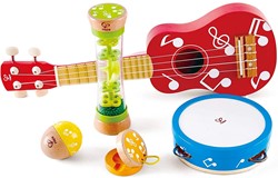 Hape E0339 Mini-Band Set - Ukulele, Tamburin, Kastagnette, Rassel und Regenmacher