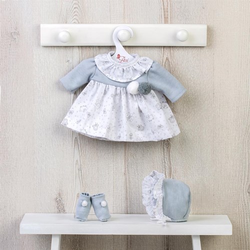 Asi Puppenkleidung graues Kleid skandinavisches Design mit Haube und Schuhen