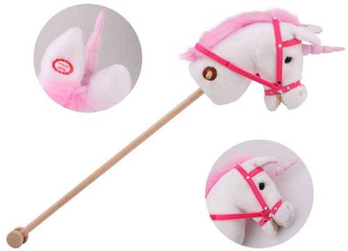 Johntoy cheval bâton licorne avec son - cheval en peluche blanc-2