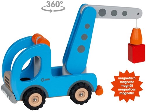 Goki Holz Abschleppwagen Spielzeugfahrzeug mit Anhänger magnetisch-3