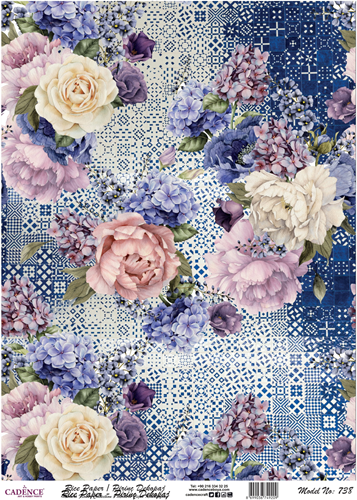 Cadence Decoupage Papier Reispapier 30x42 cm blaue Flora kreativ