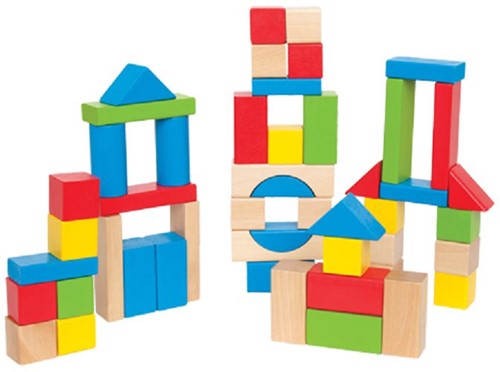 Hape Bunte Holzbausteine für Kinder von Hape | Holzbausteine-Set zum Stapeln Lernspielzeug für Kleinkinder, 50 leuchtend bunte Holzbausteine in unterschiedlichen Formen und Größen