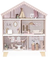 Label Label Puppenhaus aus Holz rosa inklusive Puppen und Möbel