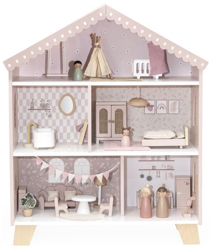 Label Label Puppenhaus aus Holz rosa inklusive Puppen und Möbel