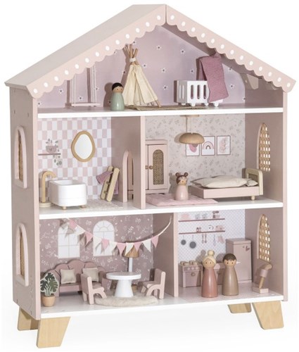 Label Label Puppenhaus aus Holz rosa inklusive Puppen und Möbel-2