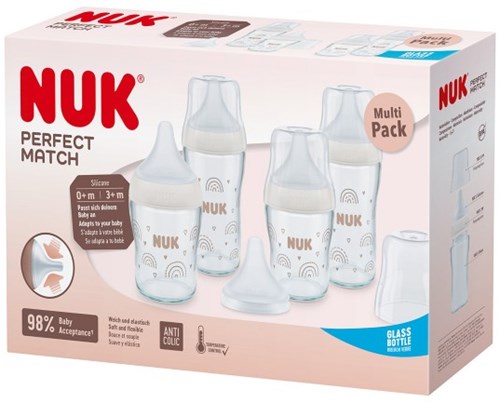 Nuk - Perfect Match - Set Glass Bottles (4 pcs) 120ml S + 230ml M + Teat U - Rainbow