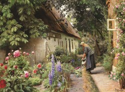 DToys Peder Mørk Mønsted - An Old Woman Watering the Flowers Behind a Thatched Farmhouse - 1,000 pieces