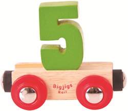 BigJigs Holz Eisenbahnwagen Zahl 5 - buntes Spielzeugzug Zubehör