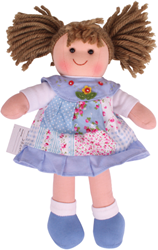 BigJigs Puppe Sarah - Stoffpuppe blaues Patchwork-Kleid