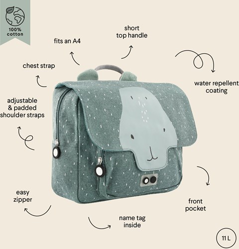 Trixie Cartable - Sac à dos enfant Mr. Hippo coton déperlant vert-2